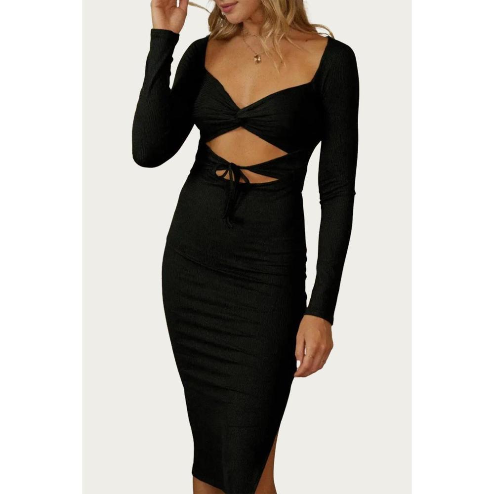 NEW ENDLESS BLU. solid rib cross front midi dress in black